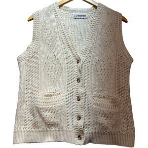 Deerskin Trading Post Women's Button Up Sweater Vest Crochet Diamond Cream